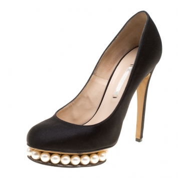 Pre Owned Nicholas Kirkwood Black Satin Casati Faux Pearl Platform Pumps Size 37.5