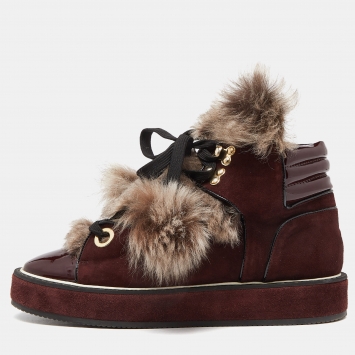 Pre Owned Nicholas Kirkwood Burgundy Suede and Patent Leather Fur High Top Sneakers  Size 39