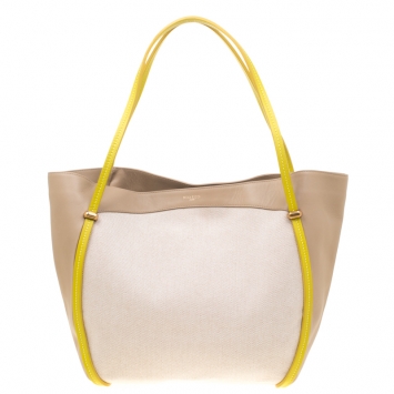 Pre Owned Nina Ricci Beige/Green Leather and Canvas Shopper Tote 