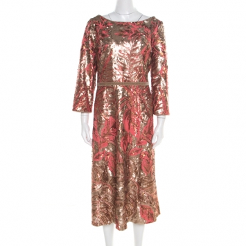 Pre Owned Notte by Marchesa Pink and Gold Floral Sequined Midi Tea Dress XL