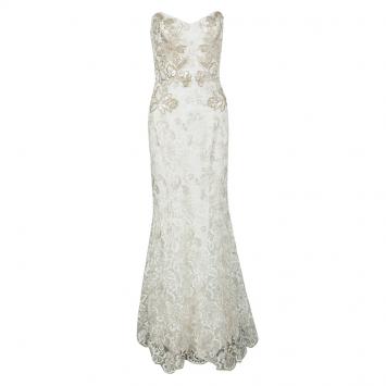 Pre Owned Notte by Marchesa White Floral Embroidered Lace Strapless Mermaid Gown M