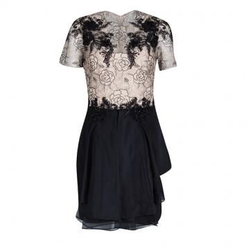 Pre Owned Notte By Marchesa Beige and Black Floral Lace and Silk Organza Mini Dress M