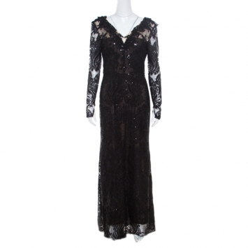 Pre Owned Notte By Marchesa Black Sequined Embroidered Floral Lace Gown S