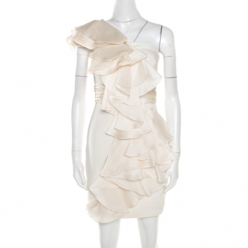 Pre Owned Notte By Marchesa White Silk Cascade Ruffle Detail One Shoulder Dress S