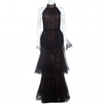 Pre Owned Notte By Marchesa Black Tiered Halter Lace Evening Gown M 