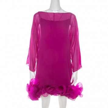Pre Owned Notte By Marchesa Fuschia Pink Silk Chiffon Ruffle Hem Detail Short Dress L 