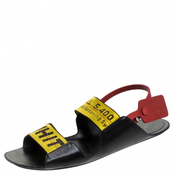 Pre Owned Off White Yellow Canvas And Black Leather Slingback Flat Sandals Size 39