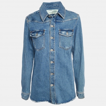 Pre Owned Off-White Blue Floral Print Back Denim Long Sleeve Shirt M