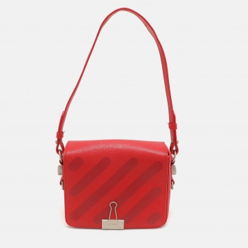 Pre Owned Off-White Red Diagonal Striped Leather Flap Crossbody Bag