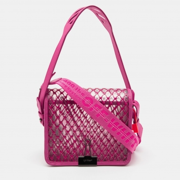 Pre Owned Off-White Transparent/Pink PVC and Leather Binder Clip Flap Shoulder Bag