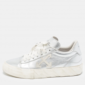 Pre Owned Off-White Vulcanized Size 38 Silver Leather Lace Up Sneakers