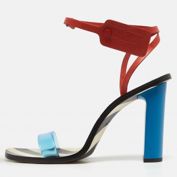 Pre Owned Off-White Multicolor Printed Leather Ankle Tag Sandals Size 40