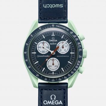 Pre Owned Omega X Swatch Green and Blue Bioceramic Velcro Mission On Earth So33G100 Watch 42 mm