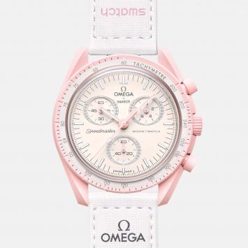 Pre Owned Omega Powdery Pink Velcro Moon Swatch Mission To Venus 42 mm