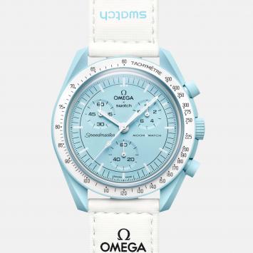 Pre Owned Omega Pale Blue Velcro Moon Swatch Mission To Uranus Women's Watch 42 mm