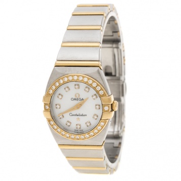 Pre Owned Omega Mother of Pearl 18K Yellow Gold and Stainless Steel Diamond Constellation Double Eagle Women's Wristwatch 24 mm