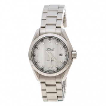 Pre Owned Omega White Mother of Pearl Diamond Stainless Steel Seamaster Aqua Terra Women's Wristwatch 29 mm