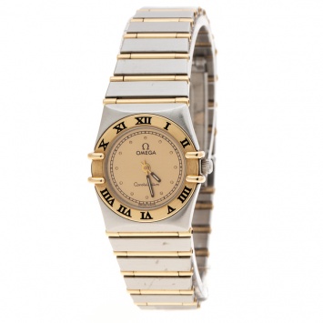 Pre Owned Omega Gold Dial 18K Yellow Gold and Stainless Steel Constellation 795.1080.1 Women's Wristwatch 22 mm