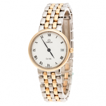 Pre Owned Omega White Yellow Gold Stainless Steel Vintage De Ville 796.2579 Women's Wristwatch 25 mm