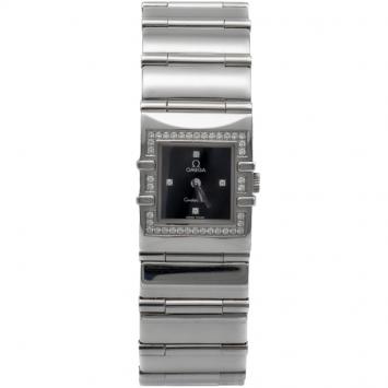 Pre Owned Omega Black Square Diamond Quadra Constellation Steel Women'S Watch 24MM 