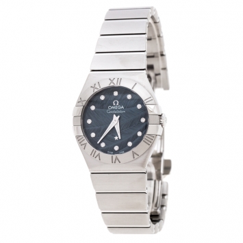 Pre Owned Omega Blue Grey Stainless Steel Diamonds Constellation 123.10.27.60.53.001 Women's Wristwatch 27 mm