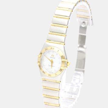 Pre Owned Omega White Shell Diamond 18k Yellow Gold And Stainless Steel Constellation 1262.75 Quartz Women's Wristwatch 22 mm