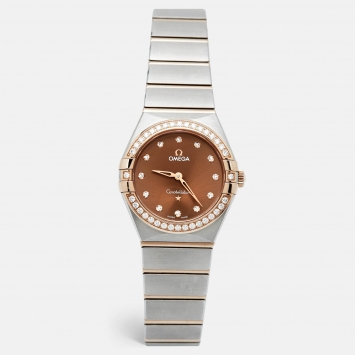 Pre Owned Omega Brown 18K Sedna Gold Stainless Steel Diamond Constellation 131.20.28.60.63.001 Women's Wristwatch 28 mm