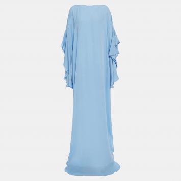 Pre Owned Oscar De La Renta Blue Silk Oversized Flared Sleeves Gown L