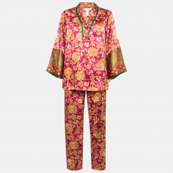 Pre Owned Oscar de la Renta Pink Regal Tapestry Print Satin Pajama Set S