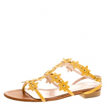 Pre Owned Oscar de la Renta Yellow Floral Jenisa Ankle Strap Flat Sandals Size 37