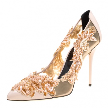 Pre Owned Oscar de la Renta Beige Patent Leather and Mesh Alyssa Embellished Pointed Toe Pumps Size 39.5