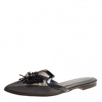 Pre Owned Oscar de la Renta Black Mesh Embellished Flat Slides Size 37