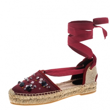 Pre Owned Oscar de la Renta Burgundy Satin Adriana Embellished Flat Espadrilles Size 37