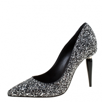 Pre Owned Oscar de la Renta Silver Glitter Mariacarla Pointed Toe Pumps Size 38.5