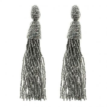 Pre Owned Oscar de la Renta Grey Beaded Long Tassel Clip-on Earrings