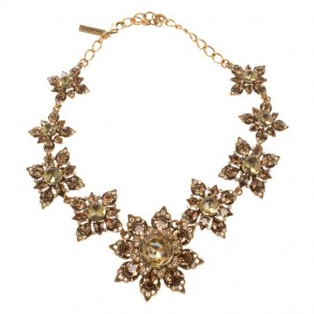 Pre Owned Oscar de la Renta Yellow Crystal Gold Tone Flower Necklace 