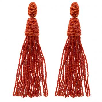 Pre Owned Oscar de la Renta Orange Beaded Long Tassel Clip-on Earrings
