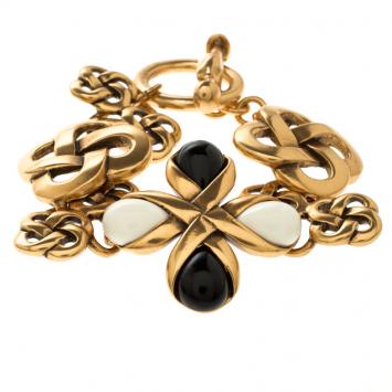 Pre Owned Oscar De La Renta Black And White Resin Gold Tone Toggle Bracelet