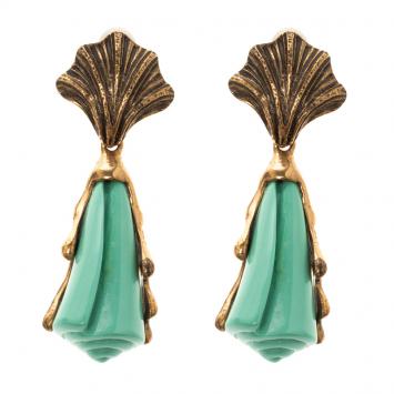 Pre Owned Oscar de la Renta Turquoise Shell Coral Gold Tone Long Clip-on Earrings