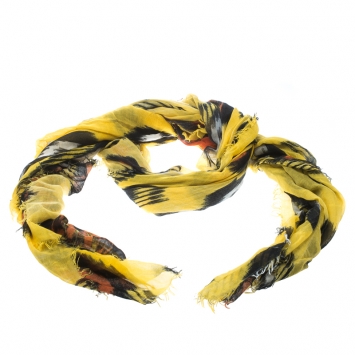 Pre Owned Oscar de la Renta Yellow Ikat Motif Printed Fringed Edge Scarf 