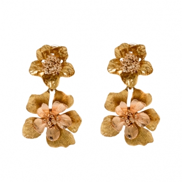 Pre Owned Oscar de la Renta Flower Two Tone Clip-on Drop Earrings