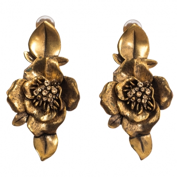 Pre Owned Oscar de la Renta Flower Crystal Gold Tone Clip-on Drop Earrings
