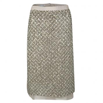 Pre Owned Oscar De La Renta Beige Embellished Silk Organza Pencil Skirt L