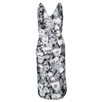 Pre Owned Oscar De La Renta Grey Floral Print Contrast Lined Draped Sleeveless Dress XL