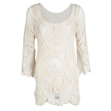 Pre Owned Oscar De La Renta Cream Foil Printed Crochet Knit Long Sleeve Blouse S