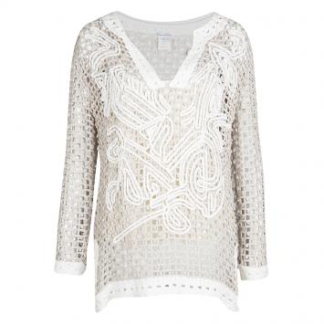 Pre Owned Oscar De La Renta Brown and White Chunky Crochet Knit Long Sleeve Blouse L
