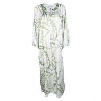 Pre Owned Oscar De La Renta White and Green Printed Embroidered Neck Kaftan L