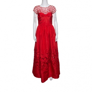 Pre Owned Oscar de la Renta Red Sequin Floral Embellished Cutout Detail Ball Gown S