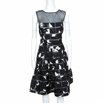 Pre Owned Oscar de la Renta Monochrome Mosaic Patterned Sheer Bodice Dress M