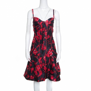 Pre Owned Oscar de la Renta Black and Red Floral Print Embroidered Sleeveless Sundress M